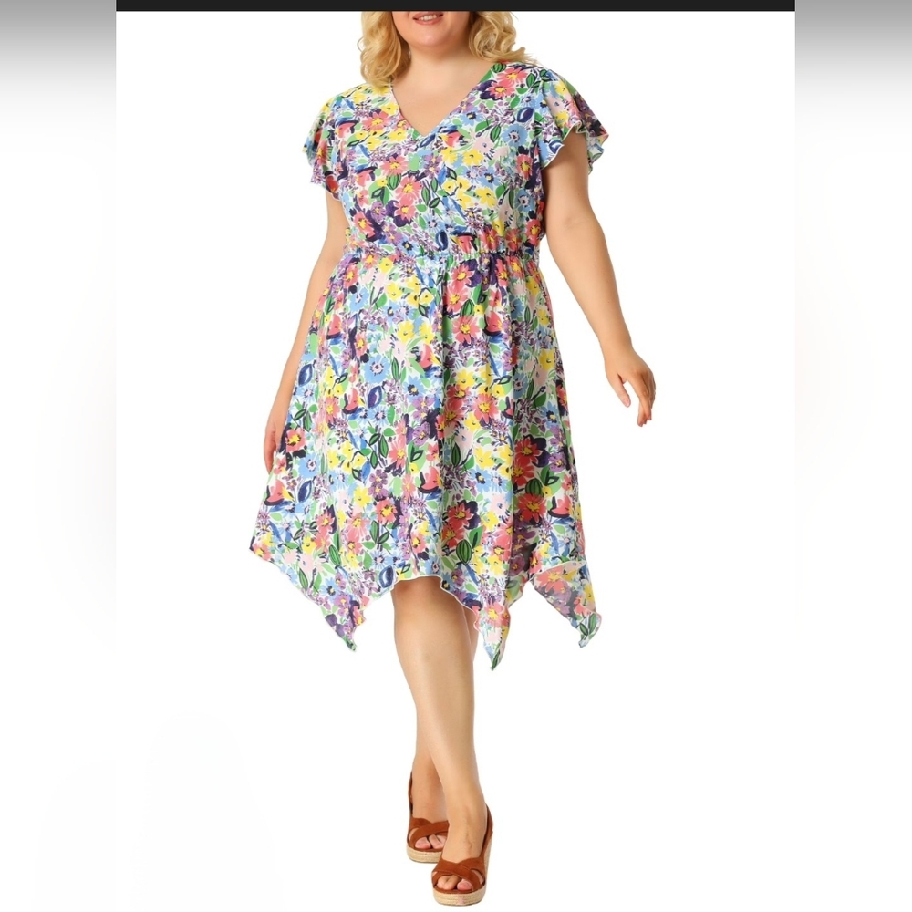 Agnes Orinda Plus Size Floral Handkerchief Hem Dress – 4X –‎